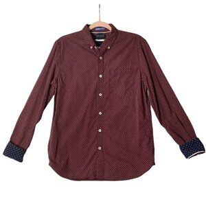 Denim & Flower Micro Dot Button Down Slim Fit Shirt Men Medium Flip Cuff Maroon